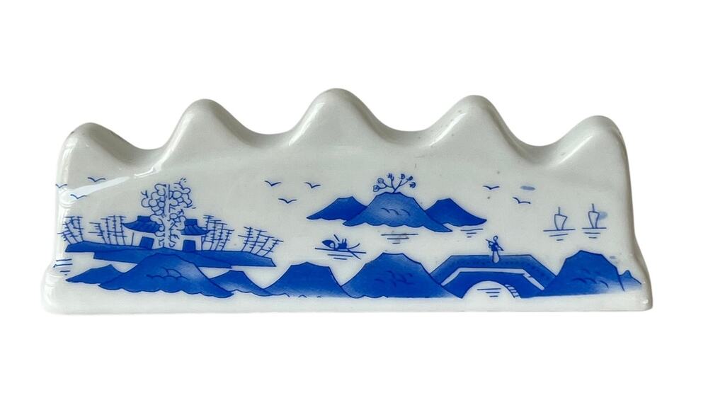 Vintage Blue White Porcelain Brush Rest Pen Holder Chinoiserie Pagoda Landscape